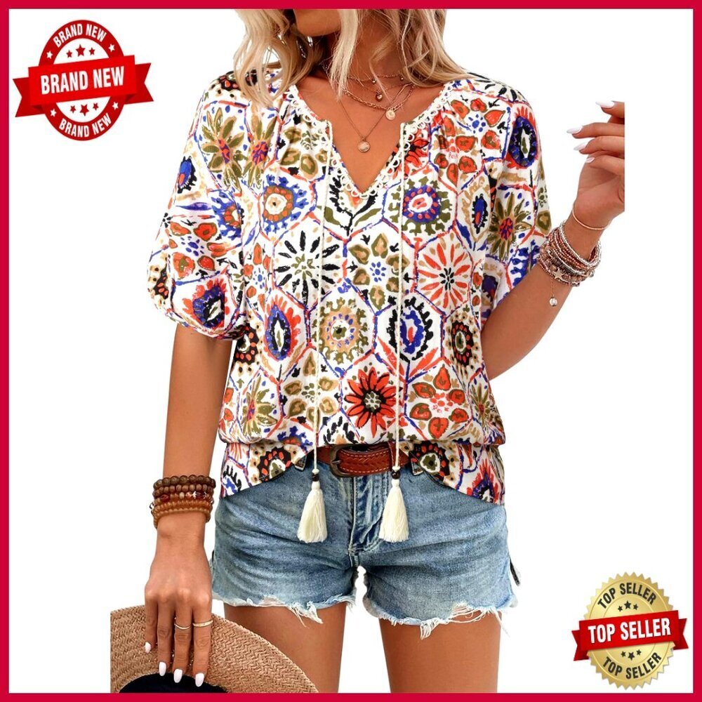 Boho Floral Blouse Loose Fit V-Neck Short Sleeve Summer Vacation Top